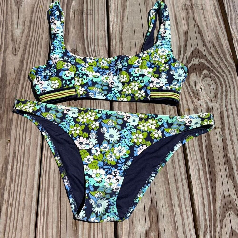 Aerie Blue All Over Floral Print Bikini Set, size M/L